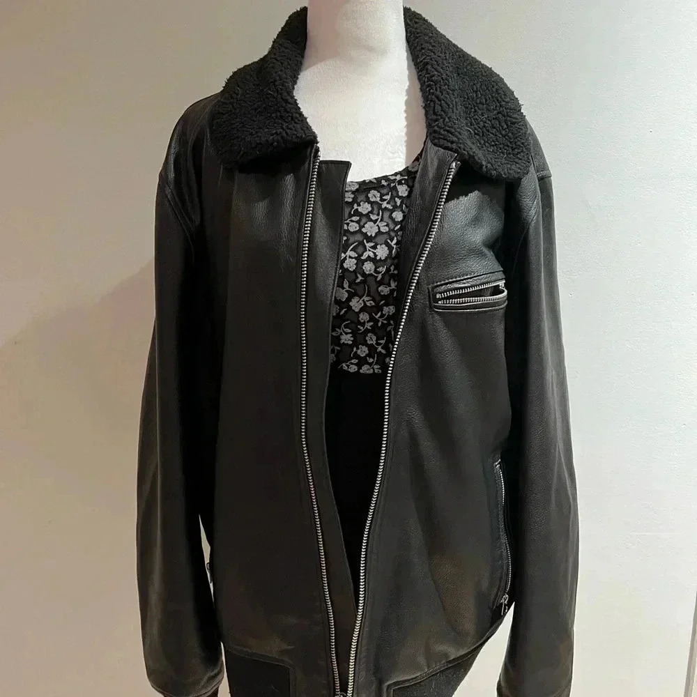 Vintage Slate & Stone Black Leather Aviator Jacket - Size XL